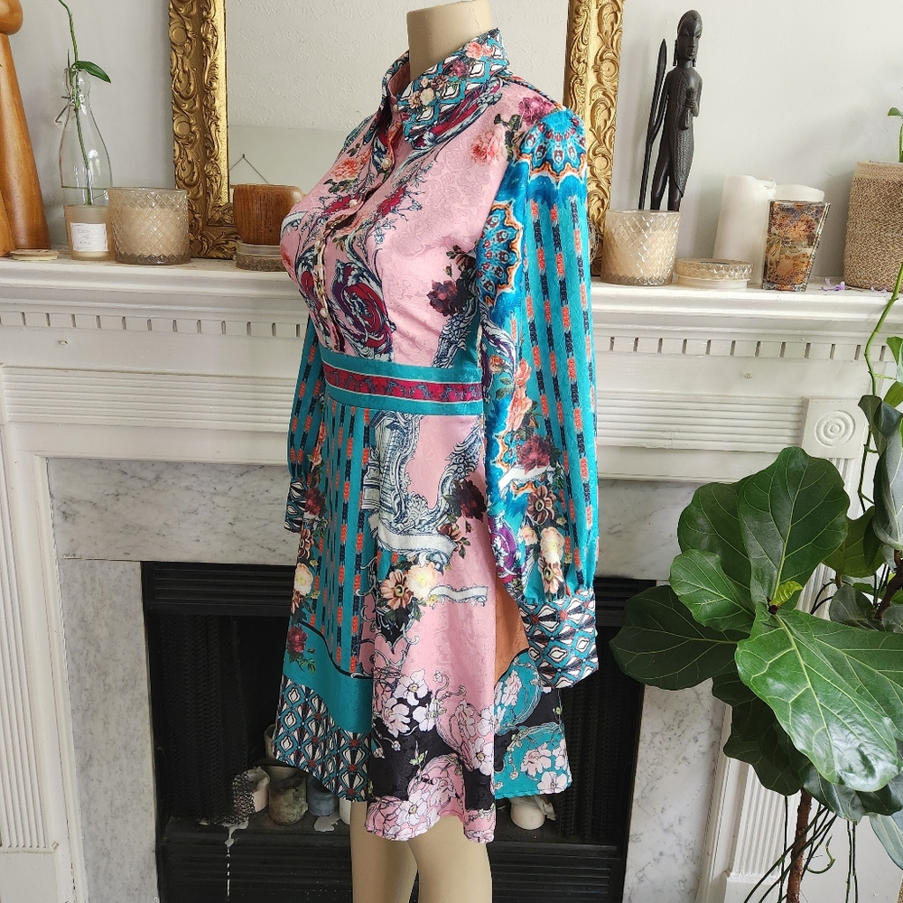 Dalia MacPhee Green Pink Floral Dress Size M Jacquard Bohemian Retro Patchwork - Picture 3 of 10